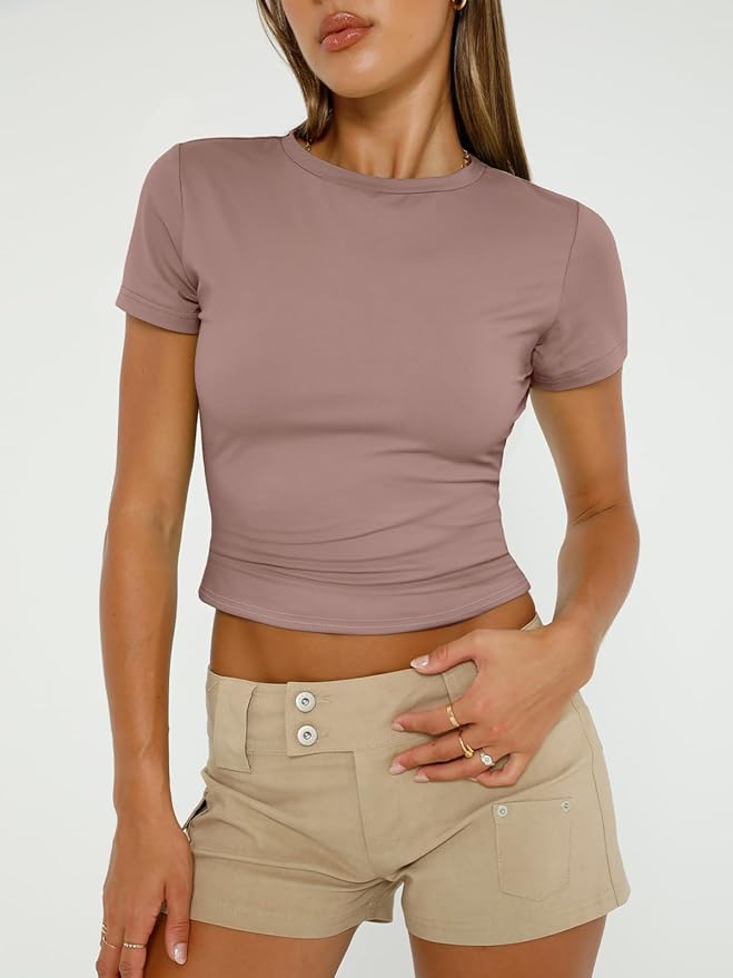 3 Piece Short Sleeve Shirts [ Basic Going Out Slim Fitted Crop Top]