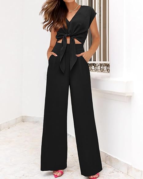 PRETTYGARDEN  2 Piece Outfits Crop Tops Wide Leg Pant Set