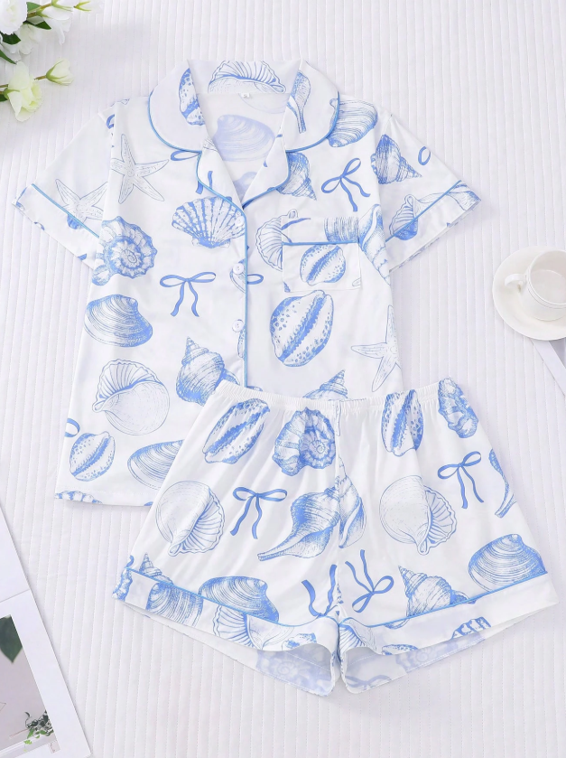 2pcs/Set Women's Ocean Shell Print Pajamas Set, Short Sleeve Shirt With Collar & Button, And Elastic Waist Shorts
