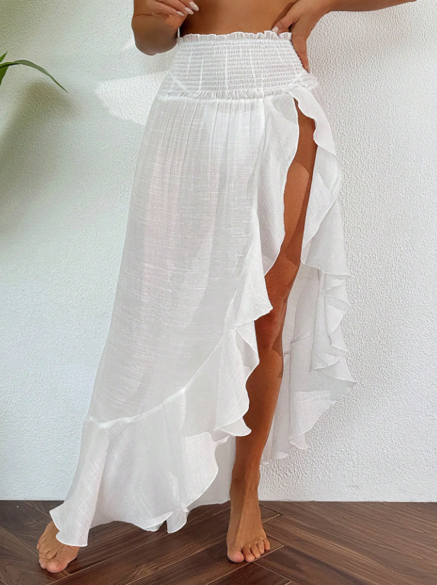 Pleated Waistband Ruffle Trim Beach Cover up Skirt