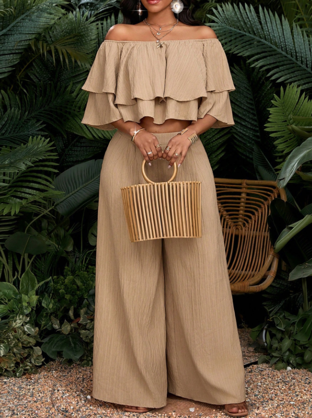 Vacation Casual Solid Color Off-Shoulder Ruffled Hem Crop Top & Wide Leg Pants 2 Pieces Set