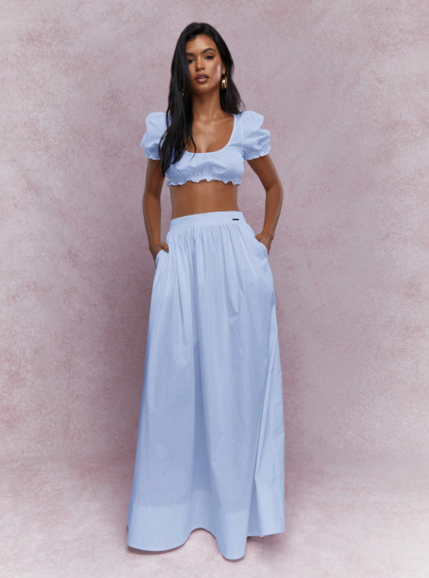 MISSGUIDED Milkmaid Puff Sleeve Ruffle Crop Top High Waist Maxi Skirt Summer Beach Vacation Resort Wear