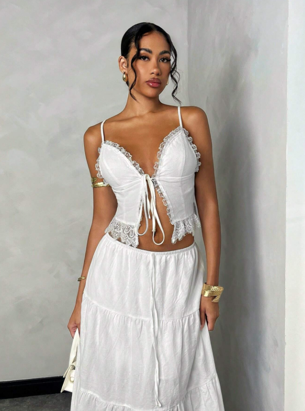 SHEIN BAE Women's Summer Beach Vacation Camisole Lace Patchwork Tie Strappy Top + Low Waist Ruched Long Maxi Skirt Suit, White Linen Material