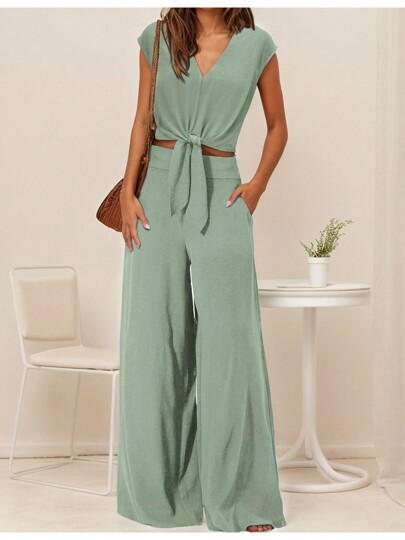 2 Piece Outfit [V Neck front tie Crop Top] w/ Wide Leg Pant