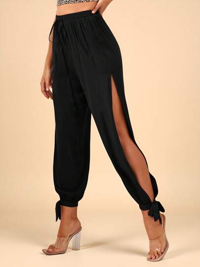 Split Thigh Knot Hem Solid Pants